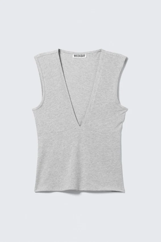 Top ajustado sin mangas con cuello en V – Gris claro jaspeado Top ajustado sin mangas con cuello en V – Gris claro jaspeado