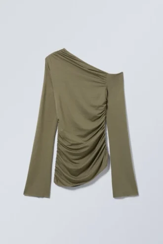 Top asimétrico de lyocell con caída – Verde caqui apagado