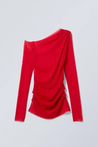 Top asimétrico de manga larga con drapeado transparente – Rojo