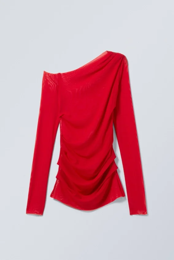 Top asimétrico de manga larga con drapeado transparente – Rojo Top asimétrico de manga larga con drapeado transparente – Rojo