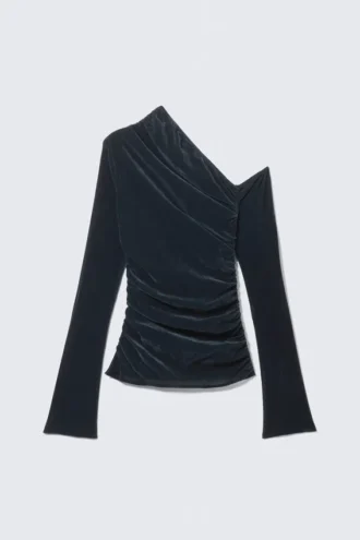 Top asimétrico drapeado de malla de terciopelo – Azul oscuro