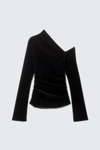 Top asimétrico drapeado de malla de terciopelo – Negro Top asimétrico drapeado de malla de terciopelo – Negro