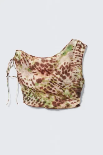 Top asimétrico transparente con cordón – Lunares florales marrones y verdes