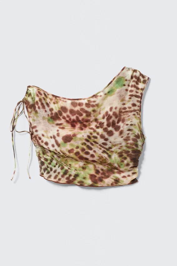 Top asimétrico transparente con cordón – Lunares florales marrones y verdes Top asimétrico transparente con cordón – Lunares florales marrones y verdes