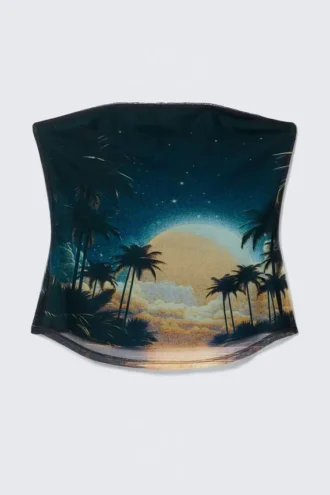 Top bandeau de malla estampada – Turquesa oscuro – Puesta de sol