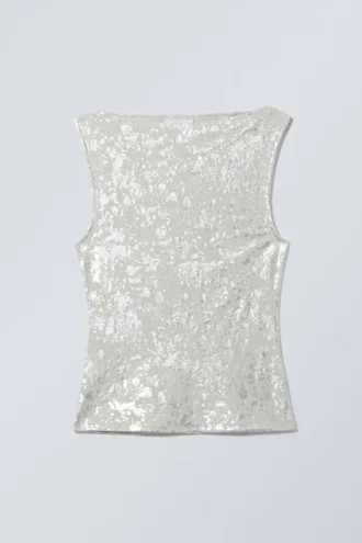 Top con cuello barco y salpicaduras metalizadas de Annie – Estampado de salpicaduras plateadas