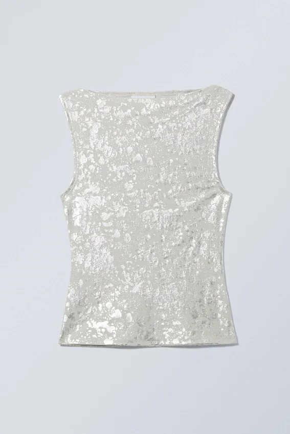 Top con cuello barco y salpicaduras metalizadas de Annie – Estampado de salpicaduras plateadas Top con cuello barco y salpicaduras metalizadas de Annie – Estampado de salpicaduras plateadas