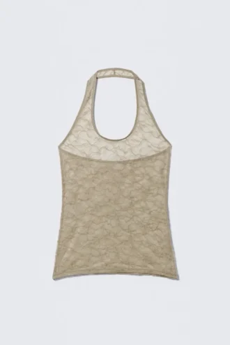 Top con cuello halter de encaje ondulado – Beige