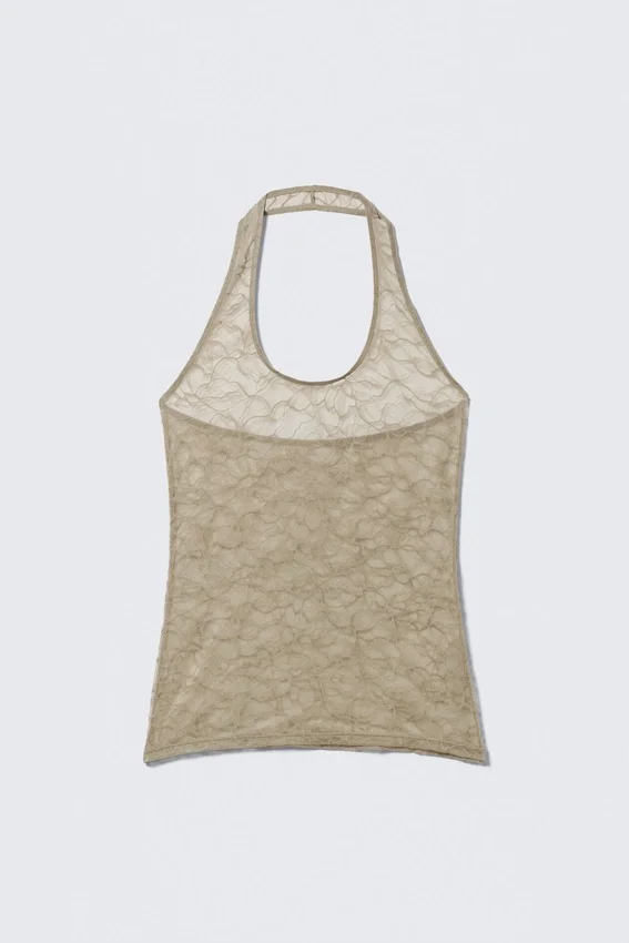 Top con cuello halter de encaje ondulado – Beige Top con cuello halter de encaje ondulado – Beige