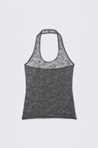 Top con cuello halter de encaje ondulado – Gris oscuro Top con cuello halter de encaje ondulado – Gris oscuro