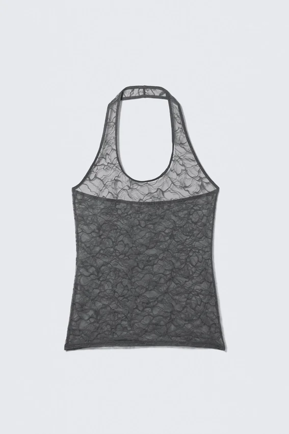 Top con cuello halter de encaje ondulado – Gris oscuro Top con cuello halter de encaje ondulado – Gris oscuro