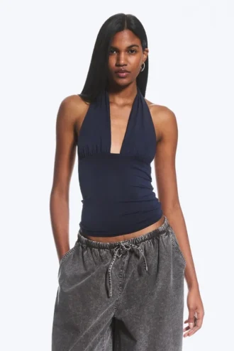 Top con cuello halter profundo – Azul oscuro