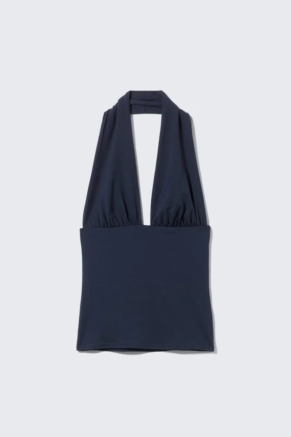 Top con cuello halter profundo – Azul oscuro Top con cuello halter profundo – Azul oscuro