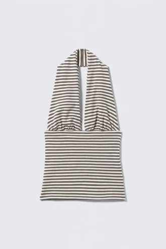 Top con cuello halter profundo – Rayas oscuras y blancas