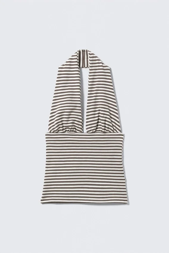 Top con cuello halter profundo – Rayas oscuras y blancas Top con cuello halter profundo – Rayas oscuras y blancas