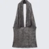 Top con cuello halter y brillo intenso – Gris oscuro brillante