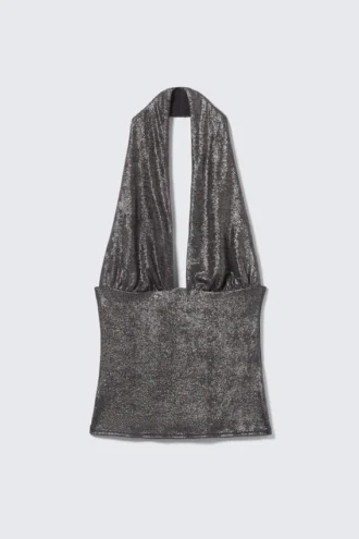 Top con cuello halter y brillo intenso – Gris oscuro brillante