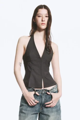 Top con cuello halter y cierre de corchetes en la espalda – Gris oscuro