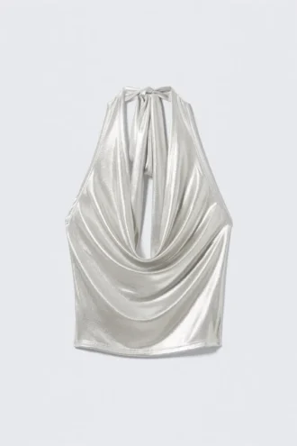 Top con cuello halter y drapeado en cascada – Beige brillante