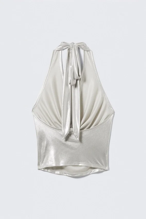 Top con cuello halter y drapeado en cascada – Beige brillante Top con cuello halter y drapeado en cascada – Beige brillante
