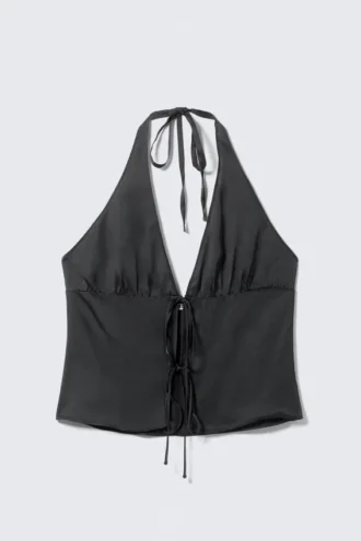 Top con cuello halter y lazo delantero – Gris oscuro