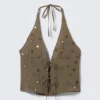 Top con cuello halter y lazo delantero – Gris oscuro – Lentejuelas Top con cuello halter y lazo delantero – Gris oscuro – Lentejuelas