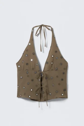 Top con cuello halter y lazo delantero – Gris oscuro – Lentejuelas