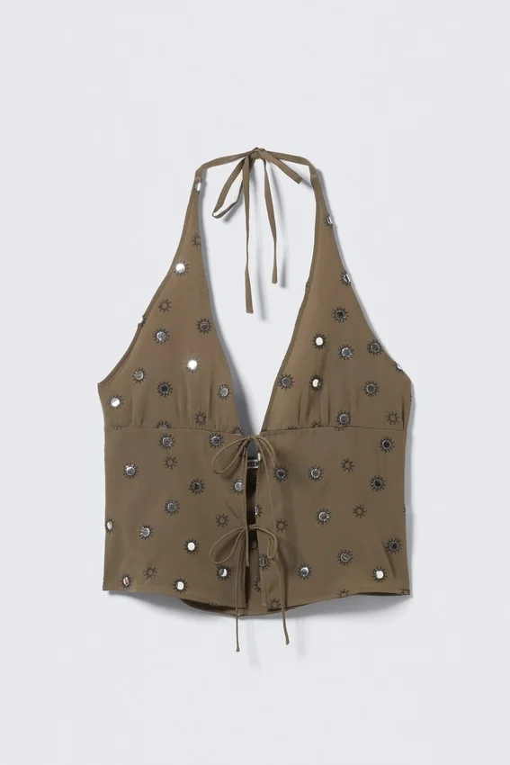 Top con cuello halter y lazo delantero – Gris oscuro – Lentejuelas Top con cuello halter y lazo delantero – Gris oscuro – Lentejuelas