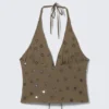 Top con cuello halter y lazo delantero – Gris oscuro – Lentejuelas Top con cuello halter y lazo delantero – Gris oscuro – Lentejuelas