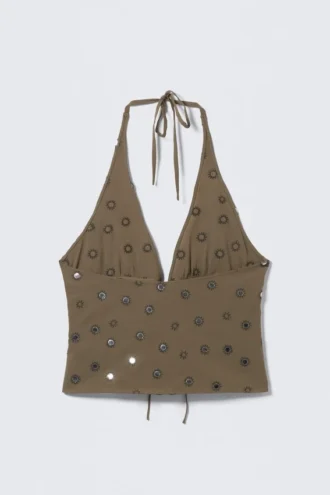 Top con cuello halter y lazo delantero – Gris oscuro – Lentejuelas