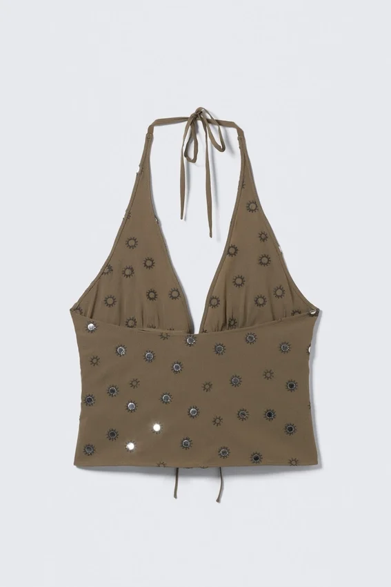 Top con cuello halter y lazo delantero – Gris oscuro – Lentejuelas Top con cuello halter y lazo delantero – Gris oscuro – Lentejuelas