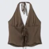 Top con cuello halter y lazo delantero – Marrón oscuro