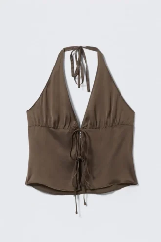 Top con cuello halter y lazo delantero – Marrón oscuro