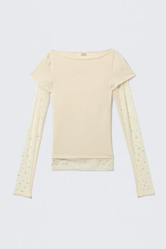 Top con mangas de malla con pedrería – Beige Top con mangas de malla con pedrería – Beige