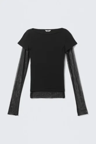 Top con mangas de malla con pedrería – Negro