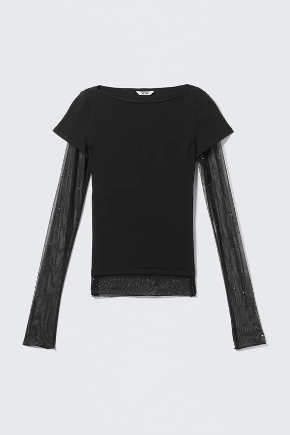 Top con mangas de malla con pedrería – Negro Top con mangas de malla con pedrería – Negro