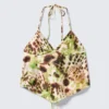 Top corto estampado con cuello halter – Lunares florales marrones y verdes Top corto estampado con cuello halter – Lunares florales marrones y verdes
