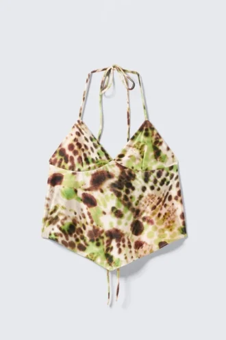 Top corto estampado con cuello halter – Lunares florales marrones y verdes