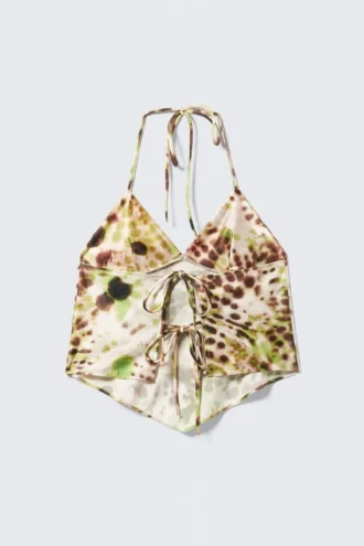 Top corto estampado con cuello halter – Lunares florales marrones y verdes
