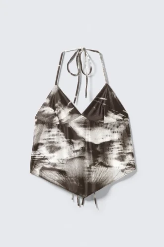 Top corto estampado con cuello halter – Marrón – Estampado floral abstracto