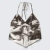 Top corto estampado con cuello halter – Marrón – Estampado floral abstracto Top corto estampado con cuello halter – Marrón – Estampado floral abstracto