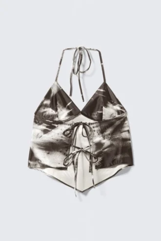 Top corto estampado con cuello halter – Marrón – Estampado floral abstracto