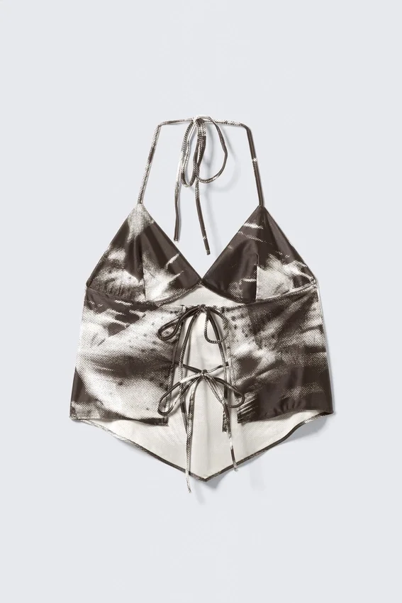 Top corto estampado con cuello halter – Marrón – Estampado floral abstracto Top corto estampado con cuello halter – Marrón – Estampado floral abstracto