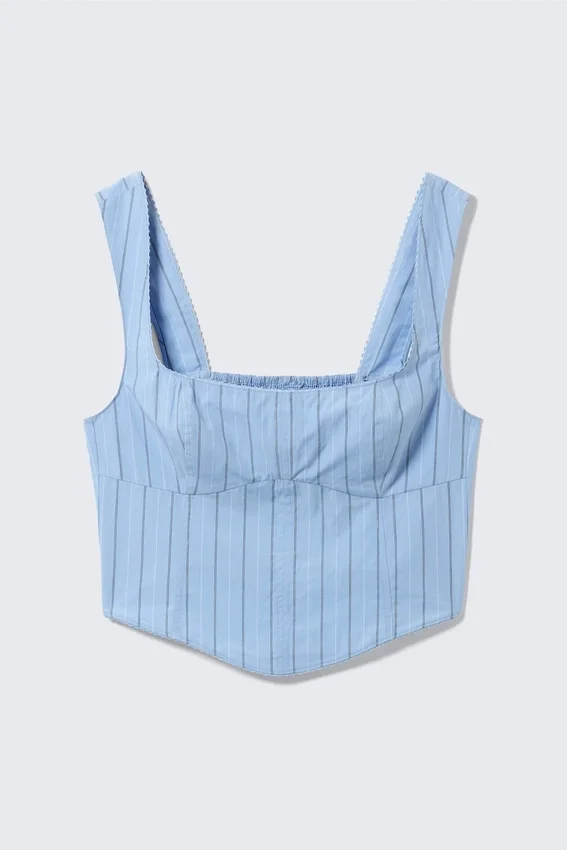 Top corto tipo corsé de popelín de algodón – Rayas azul claro Top corto tipo corsé de popelín de algodón – Rayas azul claro