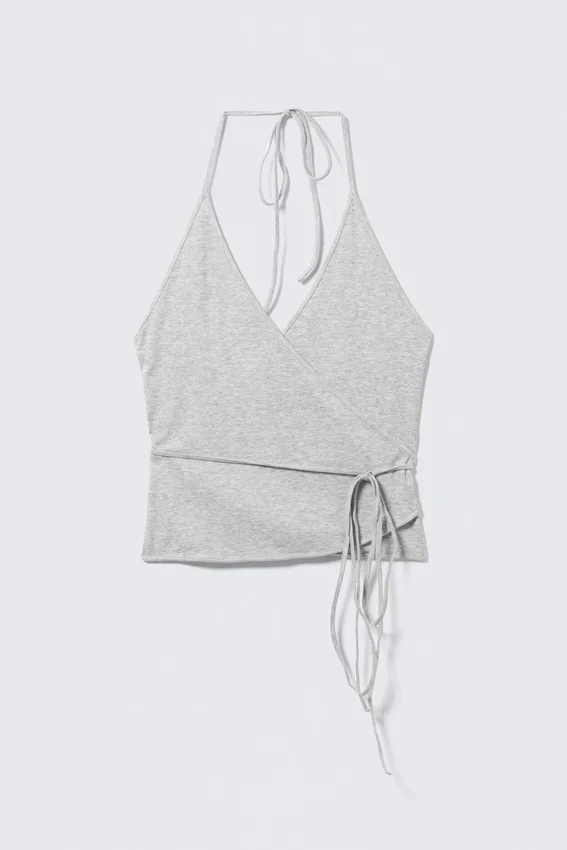Top cruzado con cuello halter – Gris jaspeado Top cruzado con cuello halter – Gris jaspeado
