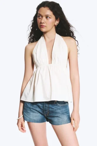 Top de algodón con cuello halter – blanco roto