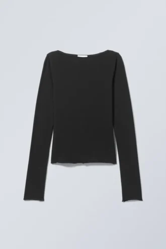 Top de algodón de cuello barco y manga larga – Negro