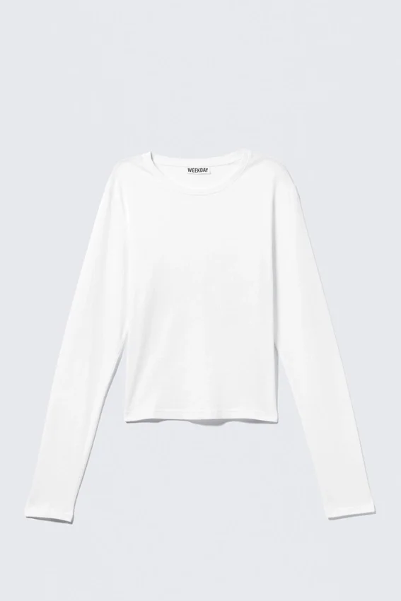 Top de algodón de manga larga y corte entallado – Blanco Top de algodón de manga larga y corte entallado – Blanco