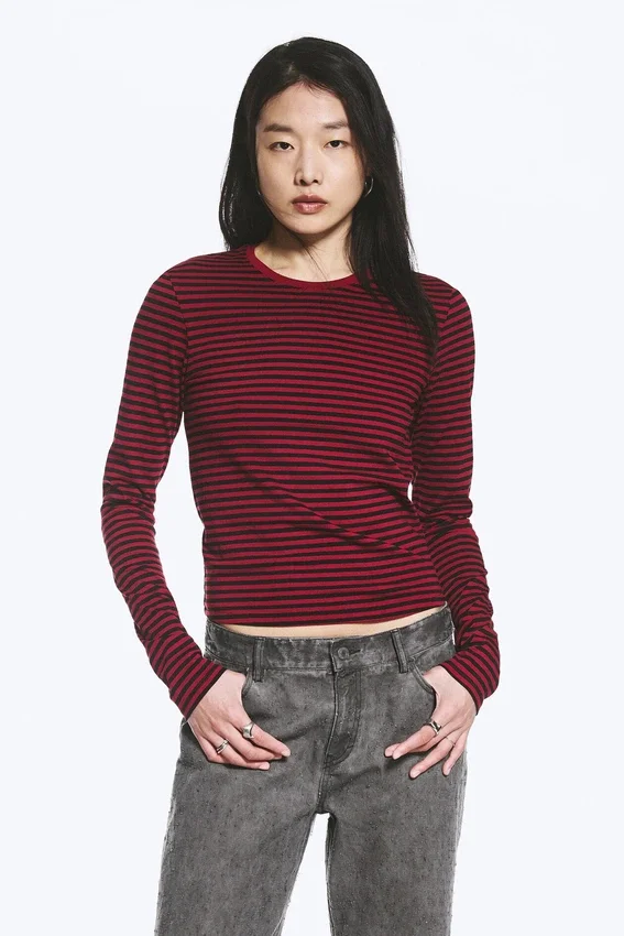 Top de algodón de manga larga y corte entallado – Rayas rojo oscuro Top de algodón de manga larga y corte entallado – Rayas rojo oscuro