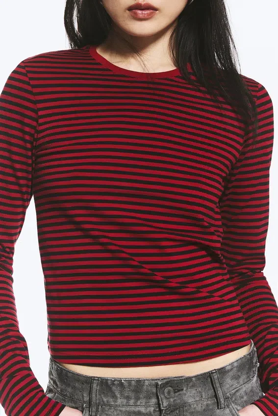 Top de algodón de manga larga y corte entallado – Rayas rojo oscuro Top de algodón de manga larga y corte entallado – Rayas rojo oscuro
